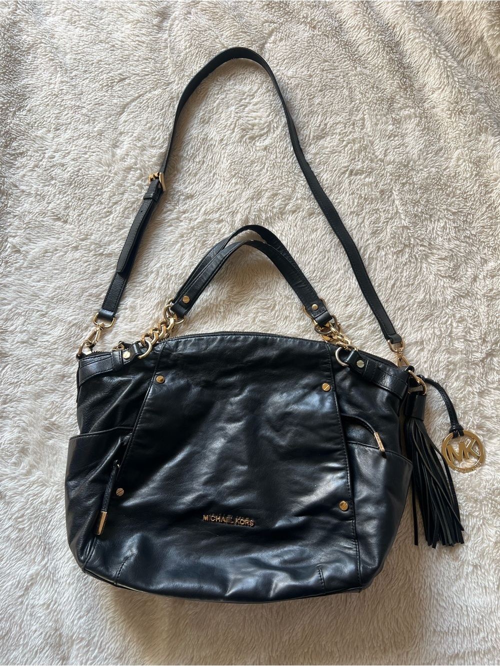 Michael Kors Black Leather Shoulder Tote with Gold Accents